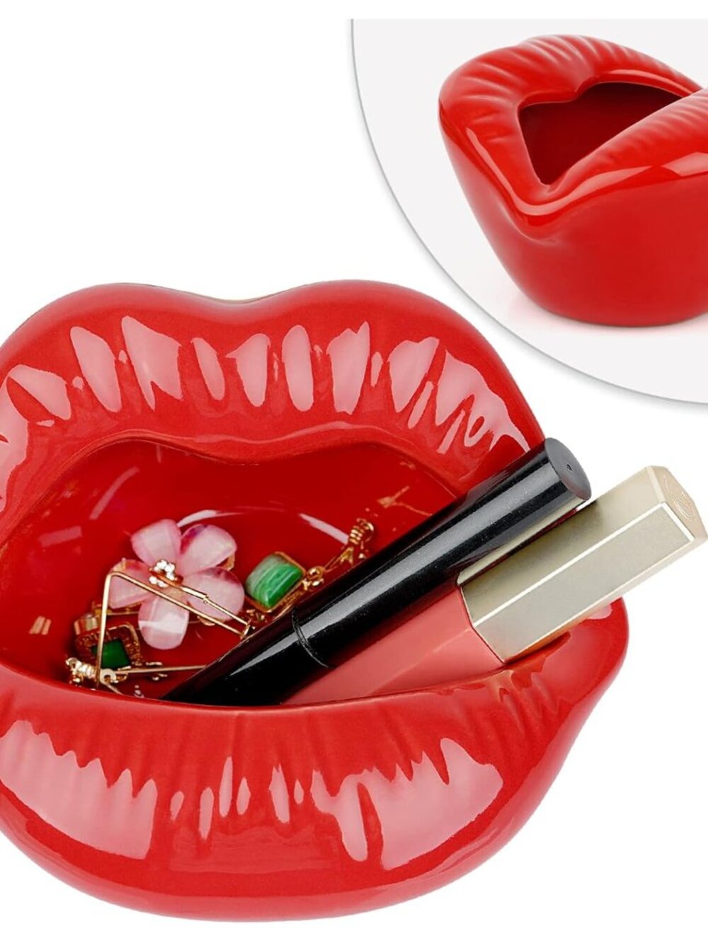 Ceramic Red Lips Lipstick Ring Holder, Dark Red
